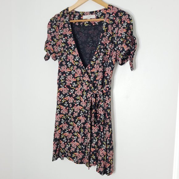 Loft Women's Black Floral Short Sleeve Side tie Wrap-Front V-Neck Romper Dress 0 - Picture 3 of 11